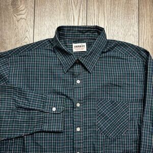 Vintage Impact Mens XL Plaid Button Down Shirt Green Blue Permanent Press